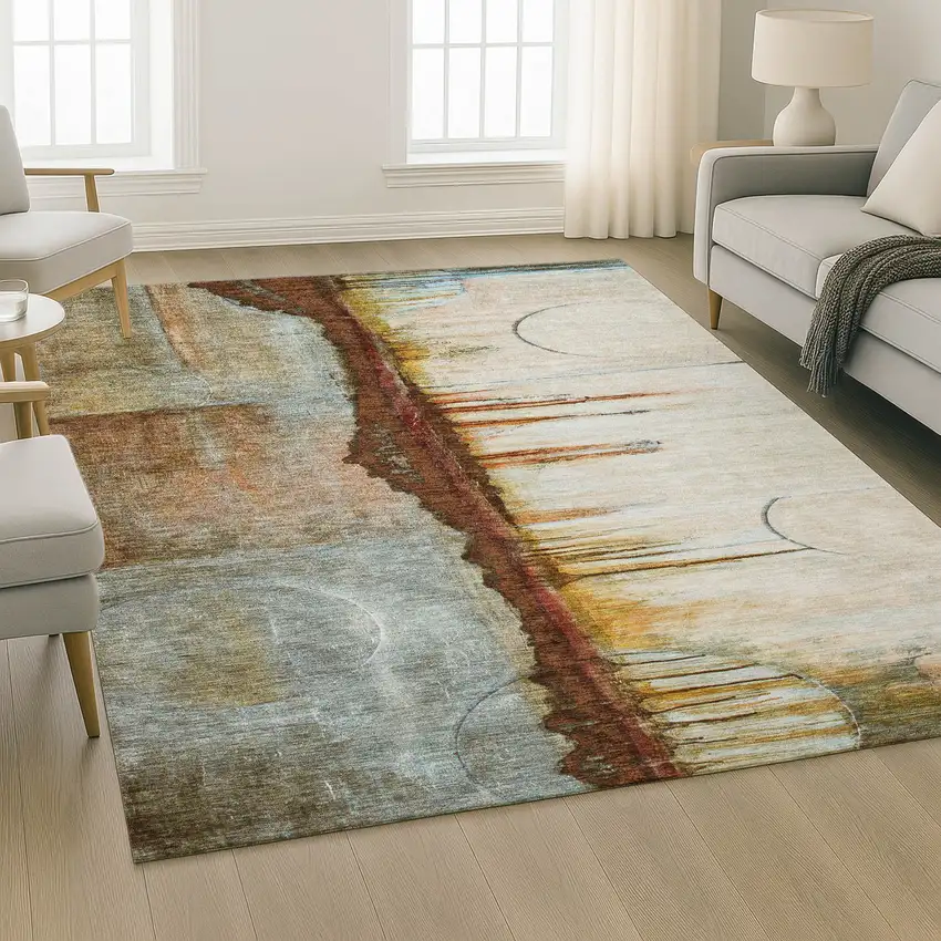 Rust And Beige Abstract Washable Area Rug With UV Protection Photo 2