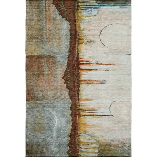 Rust And Beige Abstract Washable Area Rug With UV Protection Photo 3