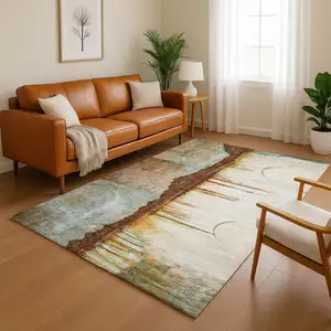 Photo of Rust And Beige Abstract Washable Area Rug With UV Protection