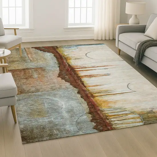 Rust And Beige Abstract Washable Area Rug With UV Protection Photo 2