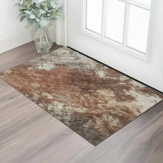 Rust And Beige Abstract Washable Area Rug With UV Protection Photo 2