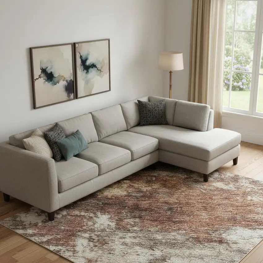 Rust And Beige Abstract Washable Area Rug With UV Protection Photo 2