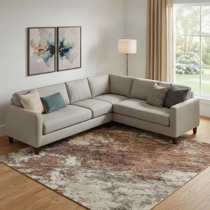 Rust And Beige Abstract Washable Area Rug With UV Protection Photo 2