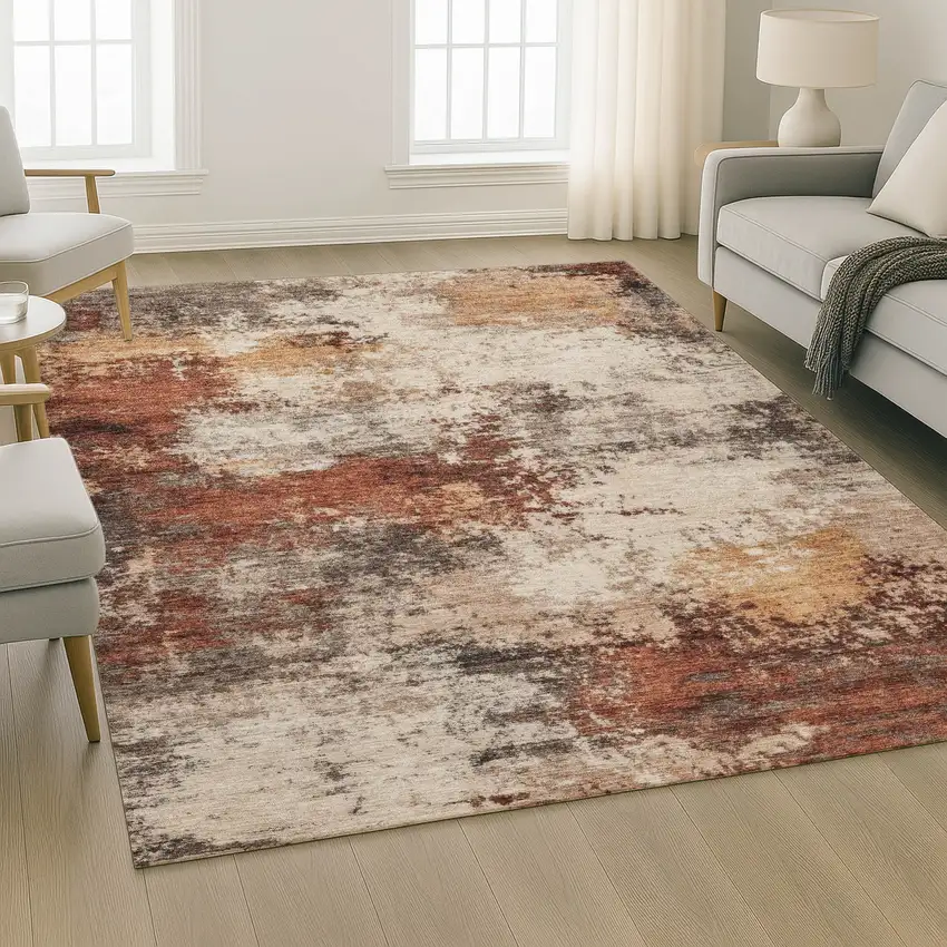 Rust And Beige Abstract Washable Area Rug With UV Protection Photo 4
