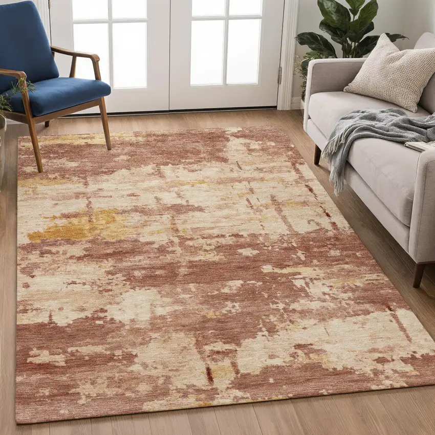 Rust And Beige Abstract Washable Indoor Outdoor Area Rug Photo 4