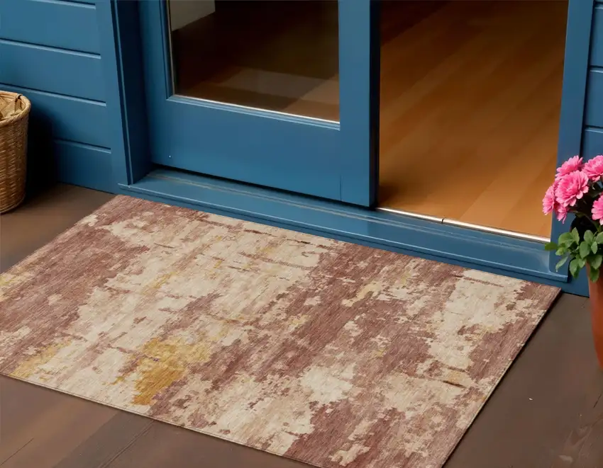 Rust And Beige Abstract Washable Indoor Outdoor Area Rug Photo 1