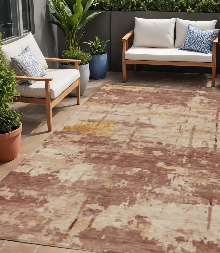 Rust And Beige Abstract Washable Indoor Outdoor Area Rug Photo 1