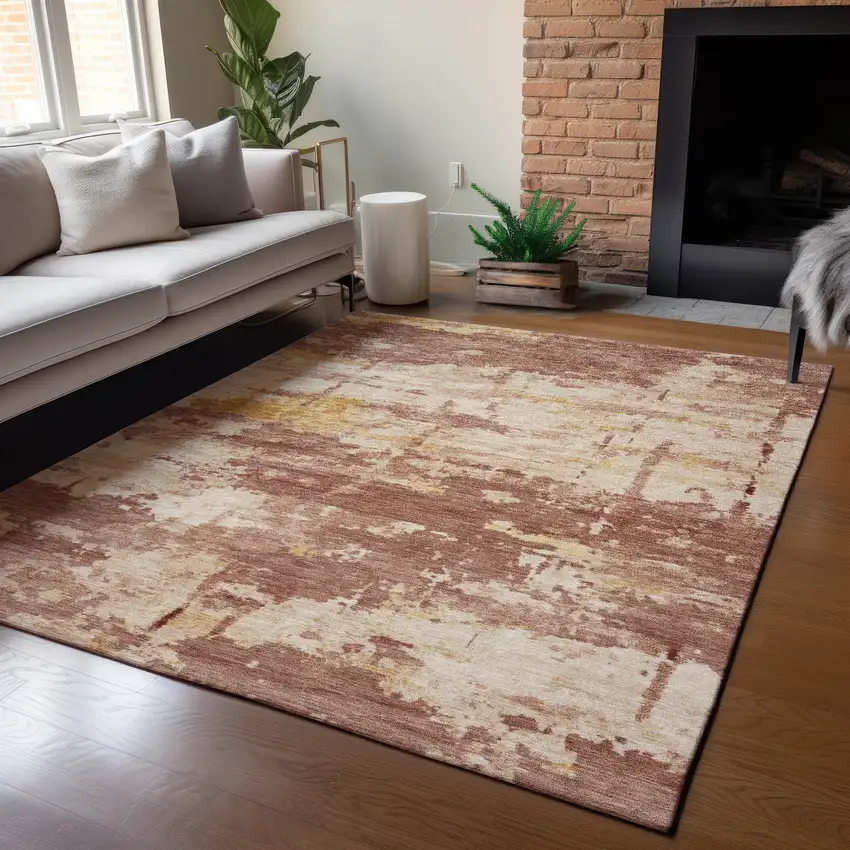 Rust And Beige Abstract Washable Indoor Outdoor Area Rug Photo 6