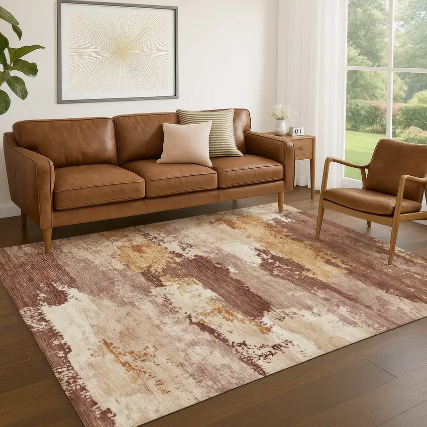 Rust And Beige Abstract Washable Indoor Outdoor Area Rug Photo 5