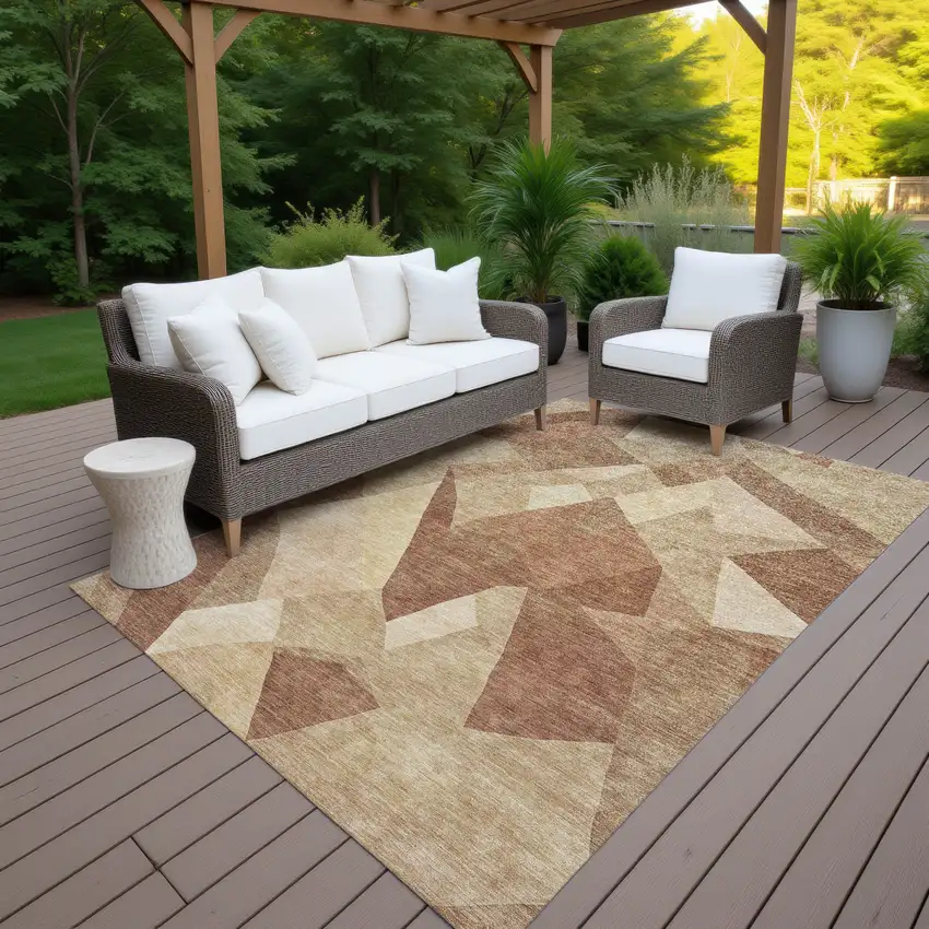 Rust And Beige Abstract Washable Indoor Outdoor Area Rug Photo 7