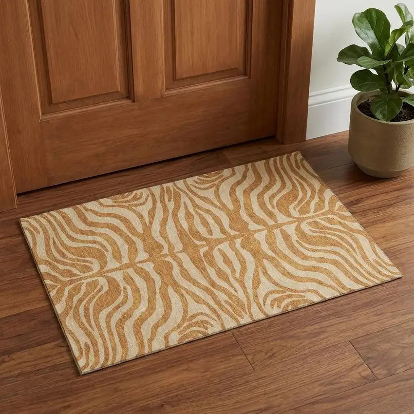 Rust And Beige Animal Print Washable Area Rug With UV Protection Photo 1
