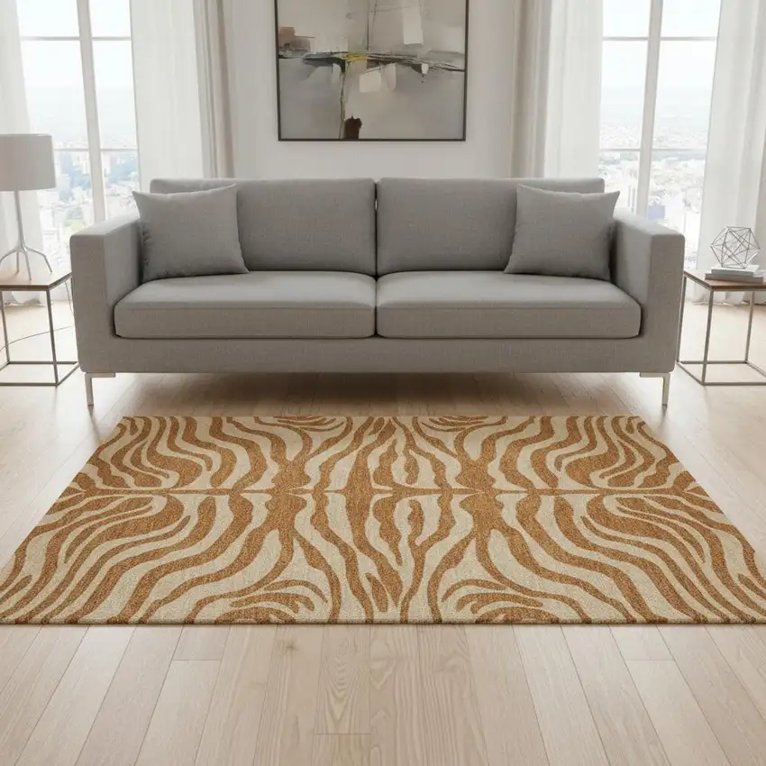 Rust And Beige Animal Print Washable Area Rug With UV Protection Photo 2