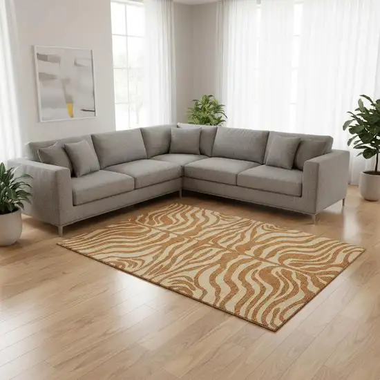 Rust And Beige Animal Print Washable Area Rug With UV Protection Photo 2