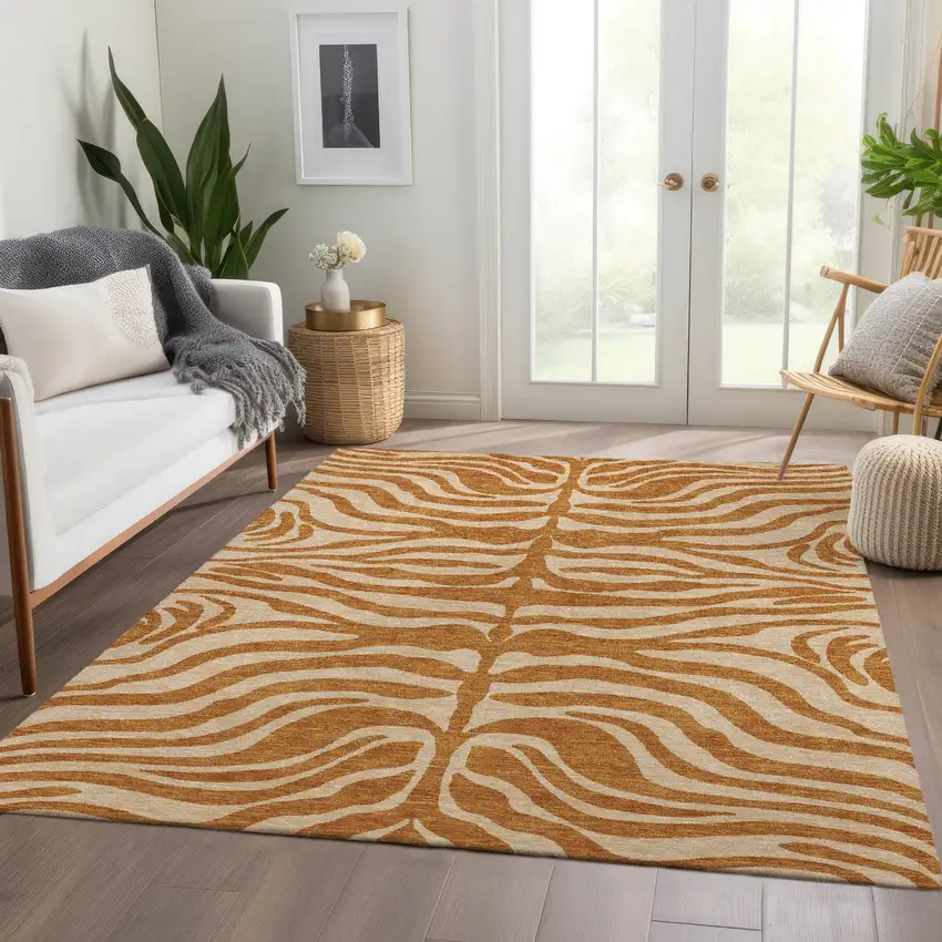 Rust And Beige Animal Print Washable Area Rug With UV Protection Photo 5