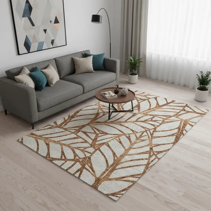 Rust And Beige Floral Washable Area Rug With UV Protection Photo 2