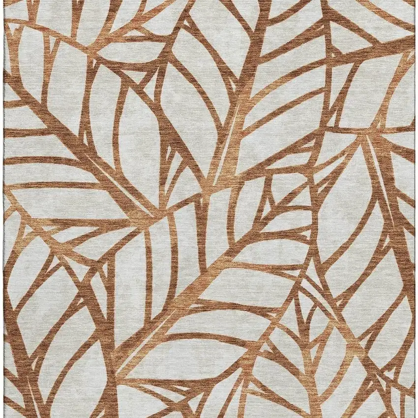 Rust And Beige Floral Washable Area Rug With UV Protection Photo 4