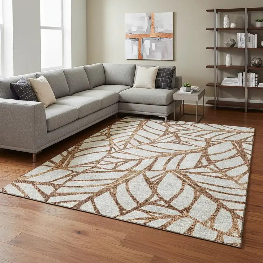 Rust And Beige Floral Washable Area Rug With UV Protection Photo 2