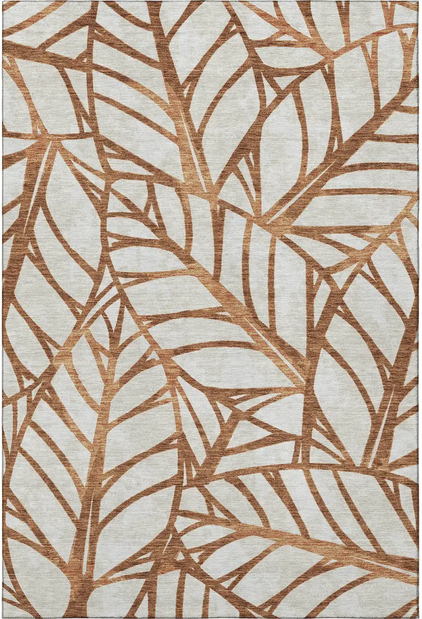 Rust And Beige Floral Washable Area Rug With UV Protection Photo 3