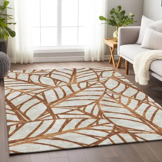 Rust And Beige Floral Washable Area Rug With UV Protection Photo 4
