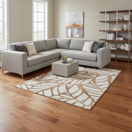 Rust And Beige Floral Washable Area Rug With UV Protection Photo 2