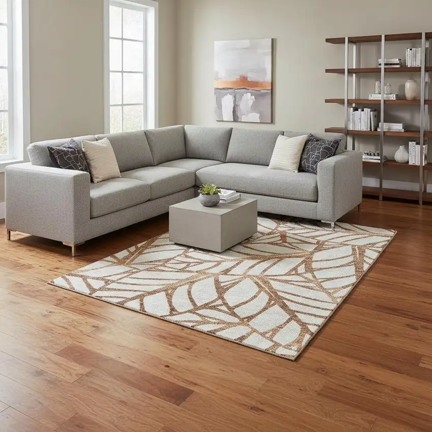 Rust And Beige Floral Washable Area Rug With UV Protection Photo 2