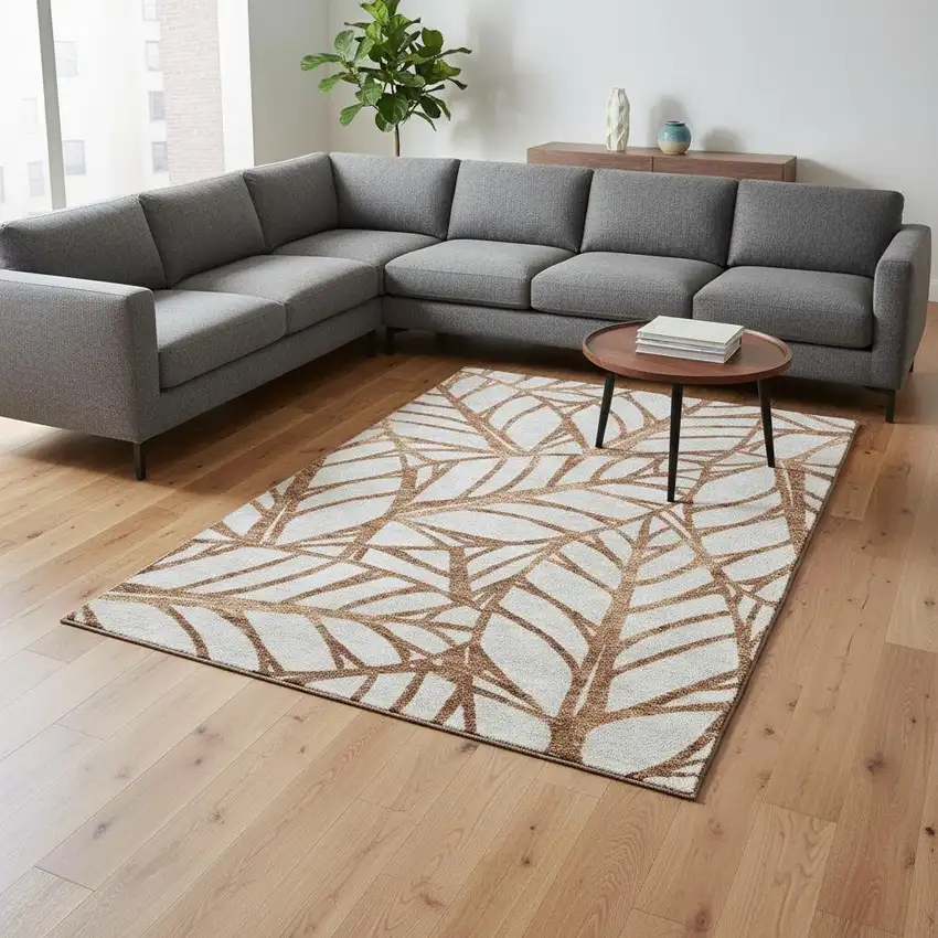 Rust And Beige Floral Washable Area Rug With UV Protection Photo 2