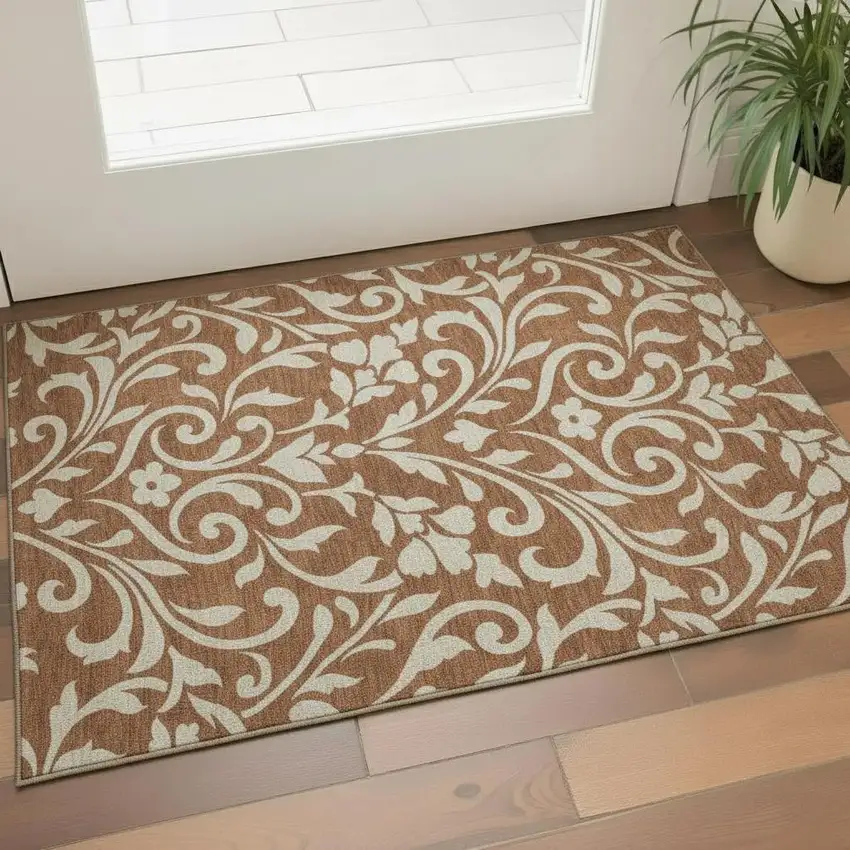 Rust And Beige Floral Washable Area Rug With UV Protection Photo 1