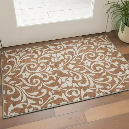 Rust And Beige Floral Washable Area Rug With UV Protection Photo 2