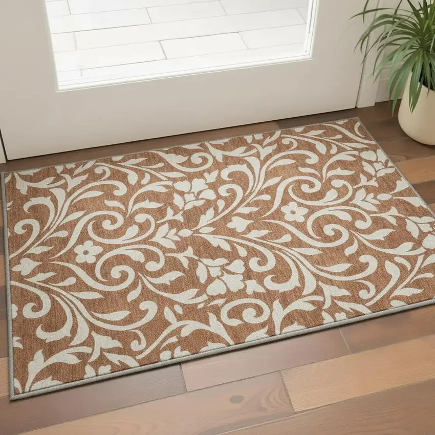 Rust And Beige Floral Washable Area Rug With UV Protection Photo 2
