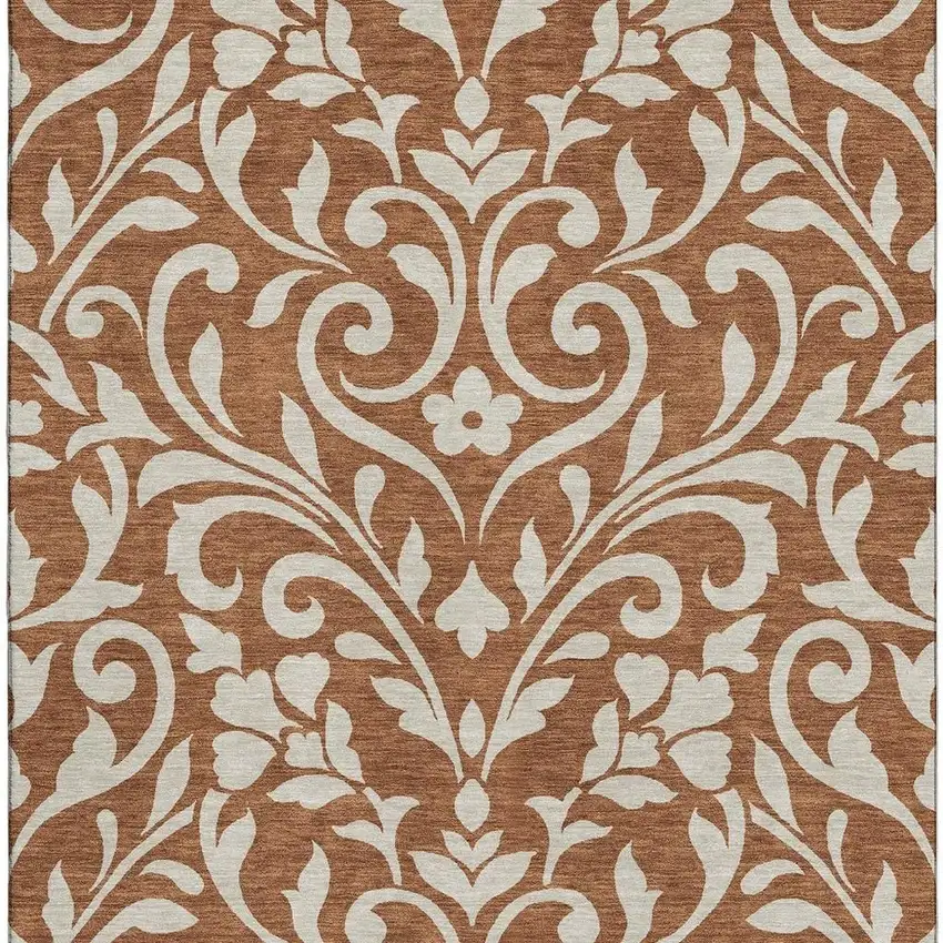 Rust And Beige Floral Washable Area Rug With UV Protection Photo 4