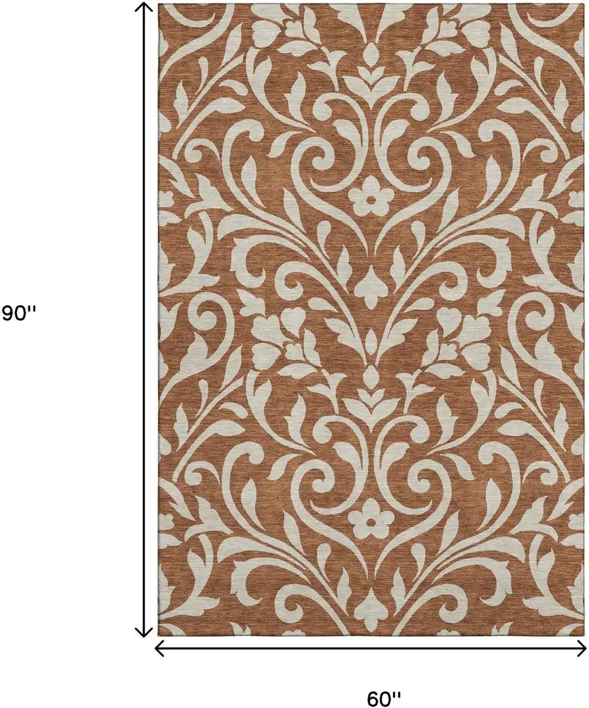 Rust And Beige Floral Washable Area Rug With UV Protection Photo 9