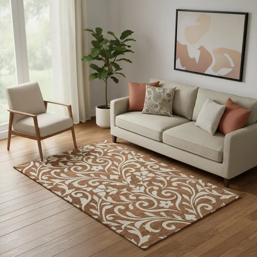 Rust And Beige Floral Washable Area Rug With UV Protection Photo 1
