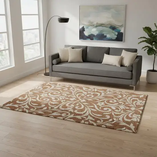 Rust And Beige Floral Washable Area Rug With UV Protection Photo 2