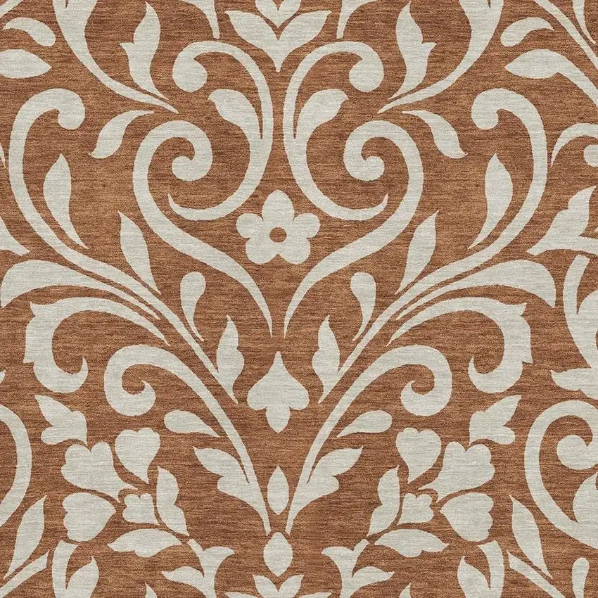Rust And Beige Floral Washable Area Rug With UV Protection Photo 3