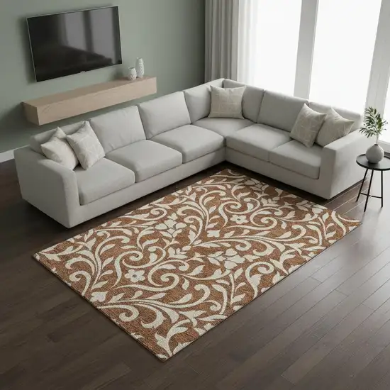 Rust And Beige Floral Washable Area Rug With UV Protection Photo 2
