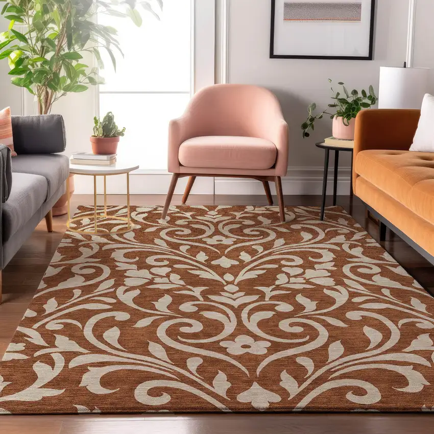 Rust And Beige Floral Washable Area Rug With UV Protection Photo 4