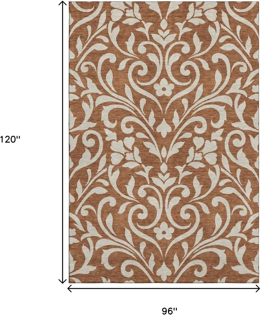 Rust And Beige Floral Washable Area Rug With UV Protection Photo 9