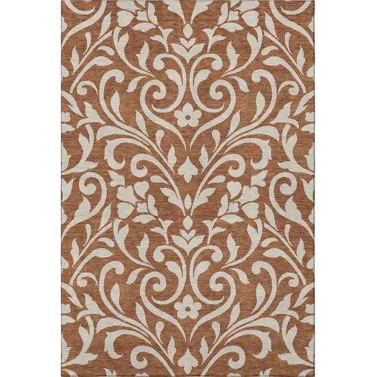 Rust And Beige Floral Washable Area Rug With UV Protection Photo 3