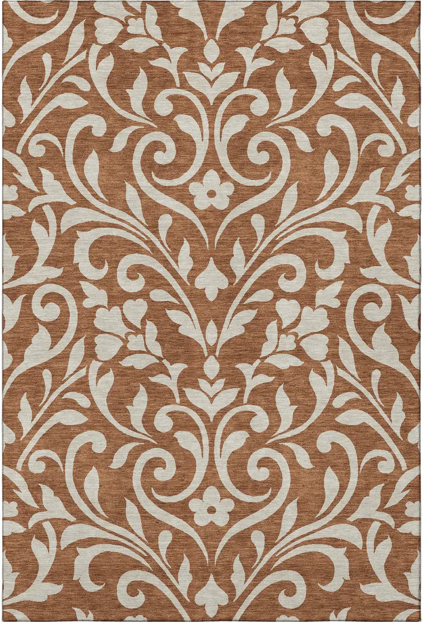 Rust And Beige Floral Washable Area Rug With UV Protection Photo 3