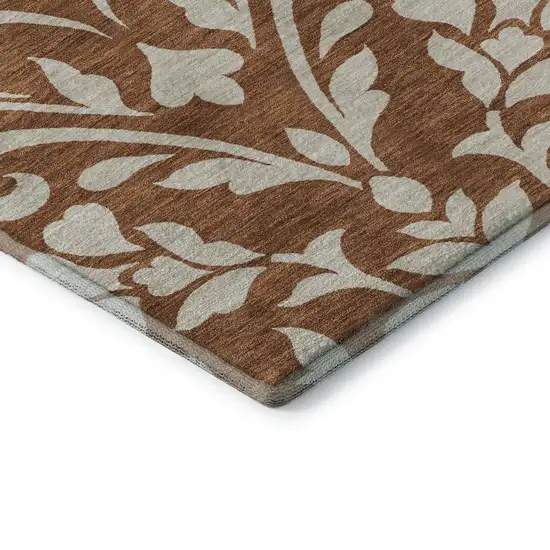 Rust And Beige Floral Washable Area Rug With UV Protection Photo 7