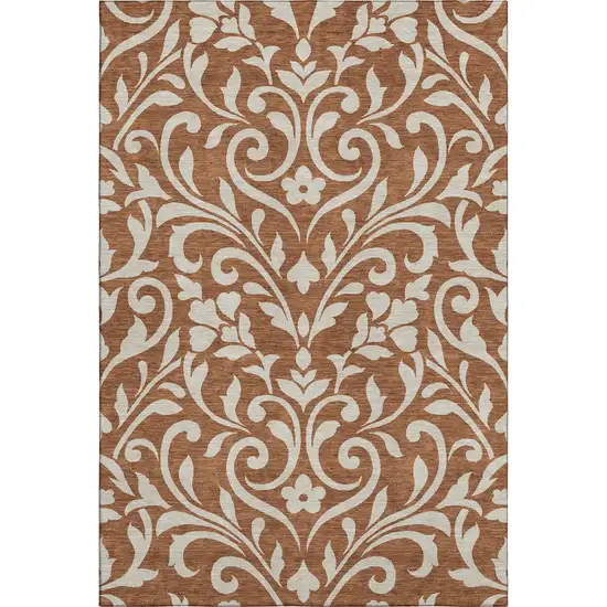 Rust And Beige Floral Washable Area Rug With UV Protection Photo 1
