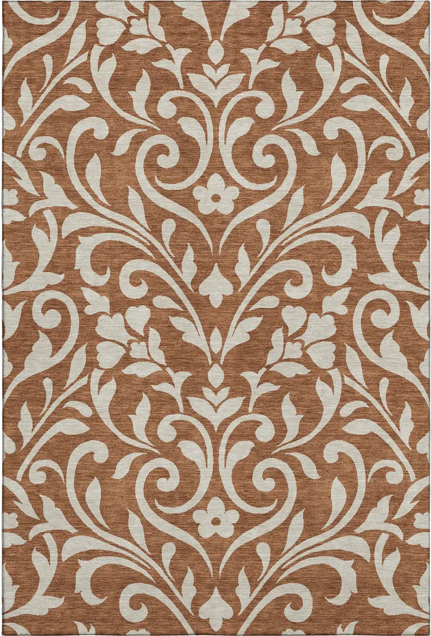 Rust And Beige Floral Washable Area Rug With UV Protection Photo 1