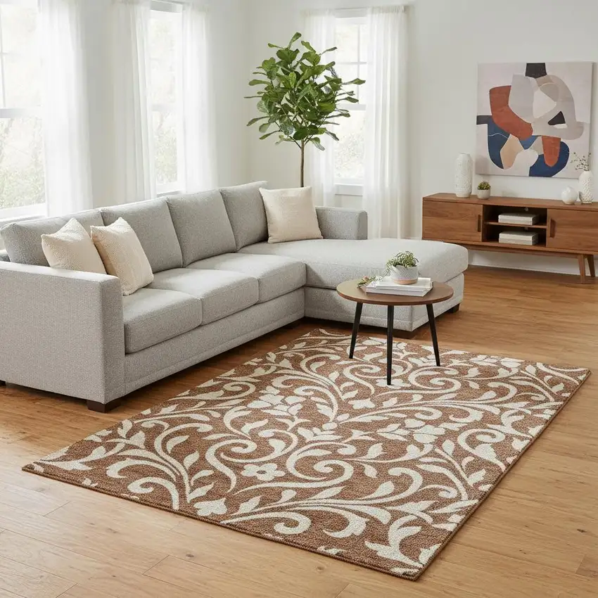Rust And Beige Floral Washable Area Rug With UV Protection Photo 2
