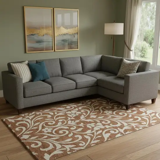 Rust And Beige Floral Washable Area Rug With UV Protection Photo 1