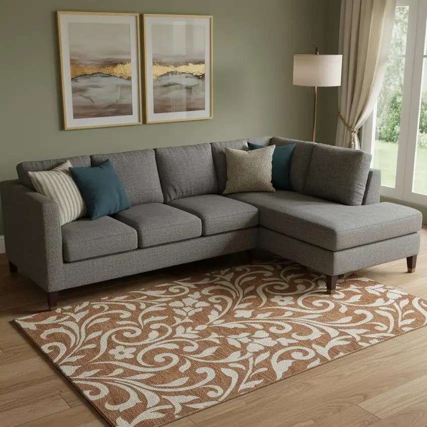 Rust And Beige Floral Washable Area Rug With UV Protection Photo 1