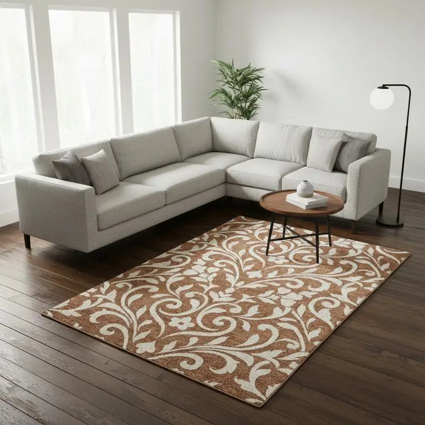 Rust And Beige Floral Washable Area Rug With UV Protection Photo 2