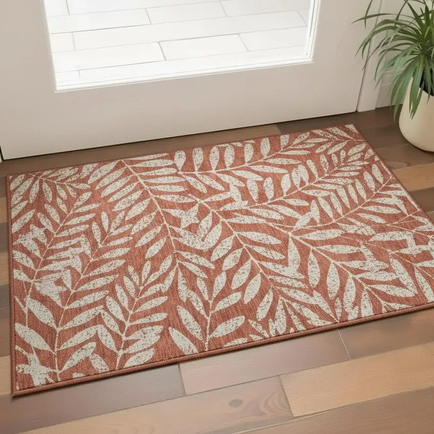 Rust And Beige Floral Washable Area Rug With UV Protection Photo 2