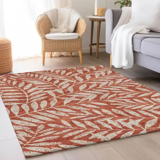Rust And Beige Floral Washable Area Rug With UV Protection Photo 5