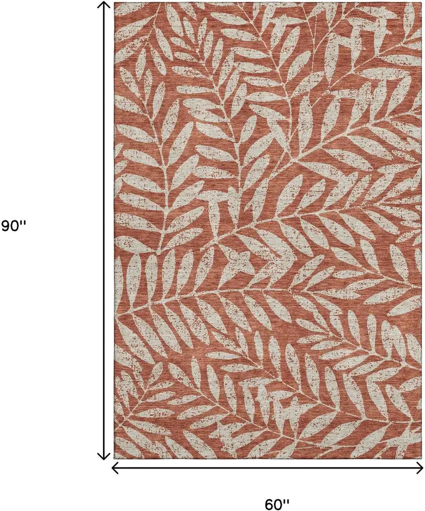 Rust And Beige Floral Washable Area Rug With UV Protection Photo 8