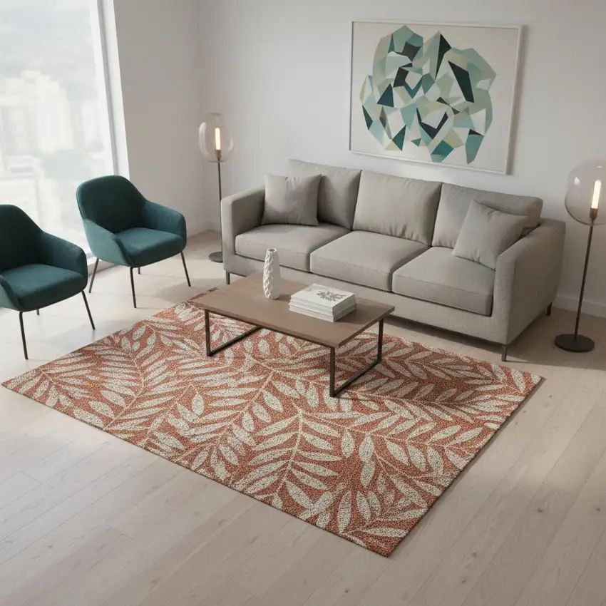 Rust And Beige Floral Washable Area Rug With UV Protection Photo 2